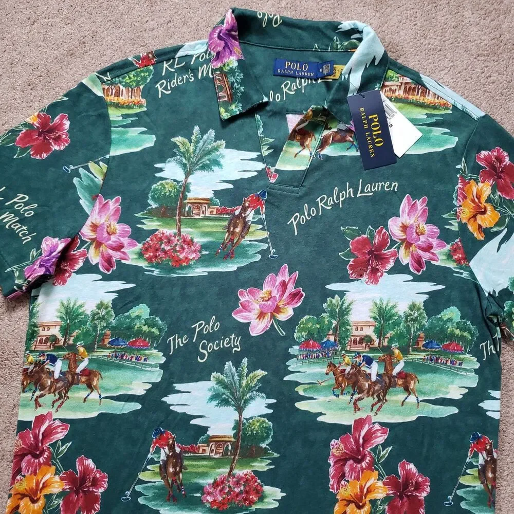 NWT Polo Ralph Lauren Floral Paradise Player Medium Linen Blend Mens Polo Shirt